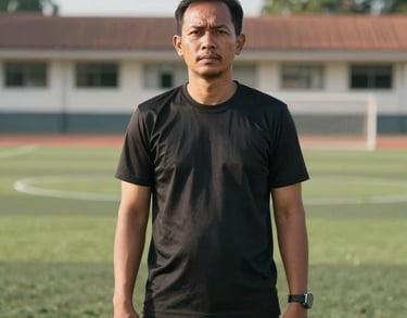 Portrait of a male Indonesian physical education teacher in athletic wear, standing on a green sports field at a school during the day.