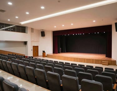 Interior of a modern school auditorium in Indonesia, with rows of seats and a stage, designed with clean lines and a professional atmosphere.