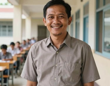 Portrait of a male Indonesian teacher in his late twenties, smiling in a brightly lit hallway of a primary school.