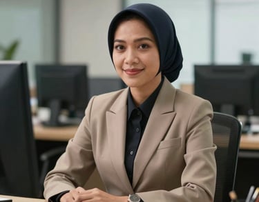 Portrait of a female Indonesian administrator in professional attire, sitting at a desk in a well-lit office with a friendly expression.