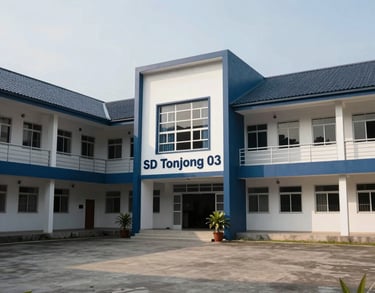 Wide shot of the main building of SD N Tonjong 03, featuring modern Indonesian school architecture, a clean courtyard, and navy blue accents.