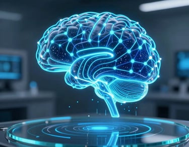 A close-up photograph of a highly sophisticated, glowing holographic artificial intelligence neural network interface. Shimmering electric cyan and deep space-blue lines and nodes of data form a stylized human brain silhouette in a clean, professional dark technology lab setting in North American / Global. The lighting is ultra-modern, casting crisp blue reflections on a sleek polished glass surface, conveying advanced digital innovation.