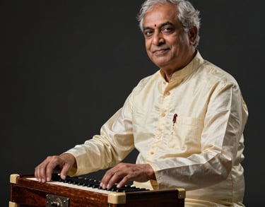 Professional studio portrait of a senior South Asian / Indian male music maestro in a traditional cream silk outfit, sitting with a harmonium, cinematic low-key lighting in a charcoal black setting.