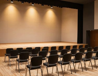 A wide shot of a modern minimalist performance hall in a South Asian / Indian institution, featuring charcoal black chairs and a warm beige wooden stage lit with golden spotlights.