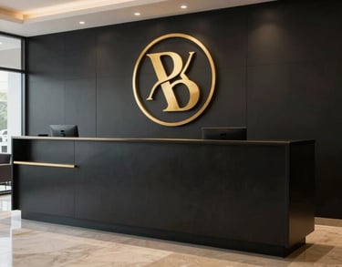 Photography of a sleek, modern South Asian / Indian academy reception area, featuring a gold logo on a charcoal black wall and warm beige marble flooring, ultra-premium look.