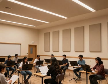 Photography of a modern music classroom in a South Asian / Indian academy, featuring high ceilings, warm beige walls, and organized acoustic panels with a minimalist luxury feel.