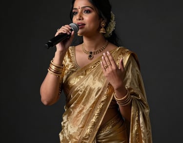 Professional studio portrait of a female South Asian / Indian vocalist in an elegant gold-bordered sari, expressing a raga, moody charcoal black background, luxurious artistic lighting.