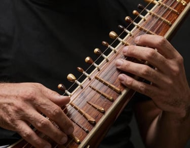 A close-up shot of hands playing a polished wooden Sitar, focusing on the intricate strings and craftsmanship, set against a charcoal black studio background with soft gold lighting.