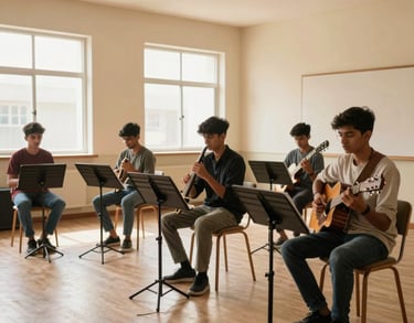 A group of young South Asian / Indian students practicing music in a bright, warm beige studio with large windows and minimalist decor, emphasizing an elite educational environment.