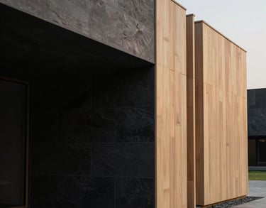 An artistic architectural detail of a South Asian / Indian cultural center, featuring clean minimalist lines, a mix of charcoal black stone and warm beige wood, under soft evening light.