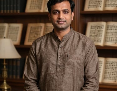 A professional portrait of a male South Asian / Indian faculty member in a modern brown linen kurta, standing in a library of ancient music manuscripts, luxury academy setting.