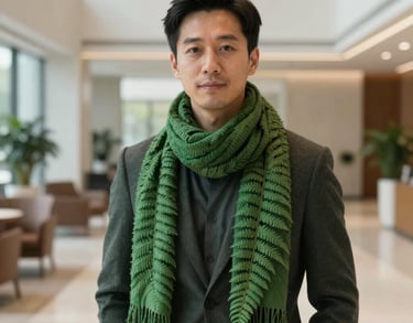 A professional headshot of an individual in business casual attire with a fern green scarf, standing in a sophisticated, bright office lobby in the US.