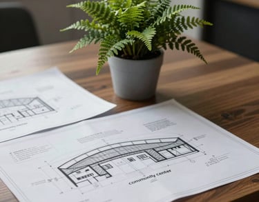 A close-up of a professional desk with a small fern green potted plant and architectural blueprints for a community center, conveying strategic planning and quiet strength.