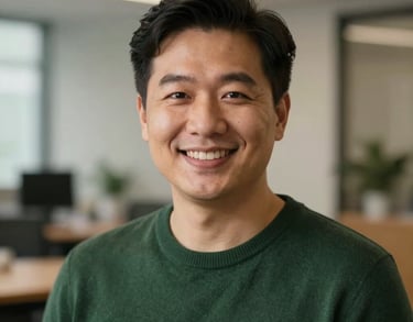 A professional headshot of a person in a dark green sweater, smiling warmly, captured in a North American corporate environment with soft lighting.