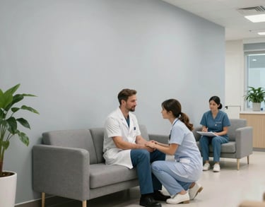 Wide shot of a modern, clean healthcare clinic waiting area with light gray walls and comfortable seating, emphasizing compassion and professionalism.