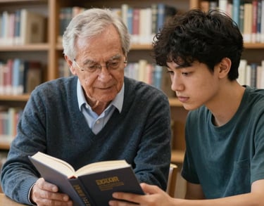 Photography of a mentorship session in a library in the US; an older adult and a young person are looking at a book together, representing hope and education.