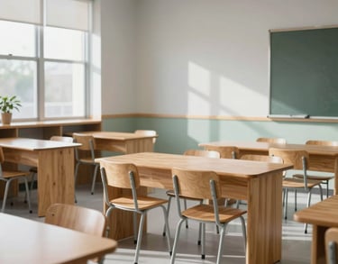 Clean, sophisticated photography of a modern, sun-drenched classroom interior in a North American school, featuring natural wood furniture and soft, light gray and sage green accents.