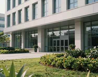 Photography of a modern healthcare facility exterior with clean lines and landscaped greenery, reflecting stability and professional care.