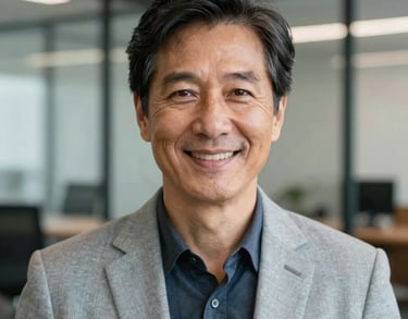 A professional headshot of a mature person in a light gray blazer, looking warmly at the camera, set against a blurred background of a modern office in North America.