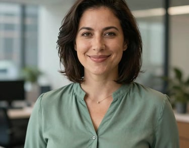 A professional headshot of a person in a sage green blouse, with a soft, confident smile, set in a North American urban office setting.