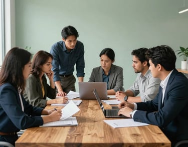 A group of professionals in North America collaborating around a large wooden table in a bright, modern office with soft sage green walls, focusing on documents and a laptop.
