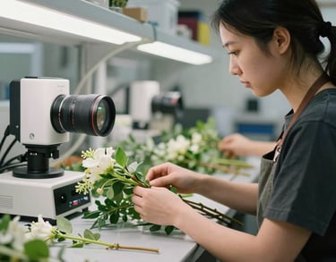 A candid shot of a floral technician inspecting fresh stems in a bright, temperature-controlled environment, modern equipment, North American facility.