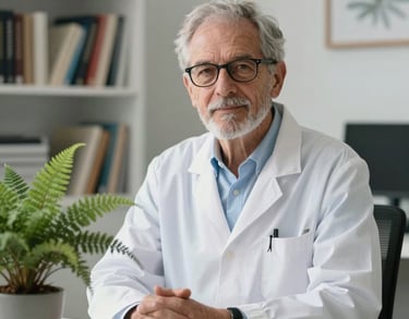 A professional portrait of a senior botanical expert in a light-filled North American office, surrounded by research books and a small potted fern, modern and clean style.