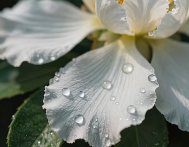 An artistic close-up of sun-drenched floral petals with water droplets, highlighting textures and deep green leaves, modern and high-resolution style.