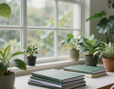 A bright, airy photo of a clean botanical workspace with open glass windows, featuring various soft green indoor plants and a neat pile of garden journals, North American setting.