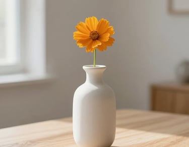 A close-up photograph of a minimalist white ceramic vase containing a single, vibrant wildflower, placed on a light wooden table in a bright North American studio with soft morning light.
