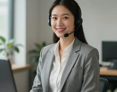 A professional portrait of a customer service lead in a modern, light-filled studio space with soft gray and green accents, North American style.