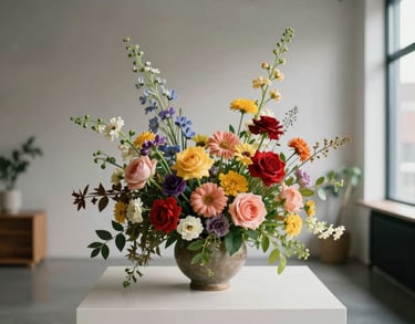 A vibrant photo of a colorful flower arrangement on a clean off-white pedestal, minimalist composition with a soft-focus background of a modern North American loft.