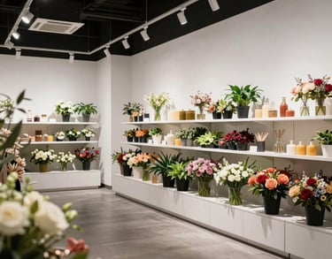 A wide-angle photo of a modern, open-concept North American retail space with white walls and modular shelving displaying a curated selection of fresh flowers.