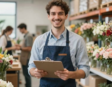 Professional portrait of a team member in an apron holding a clipboard in a modern floral warehouse, bright natural lighting, North American urban setting.