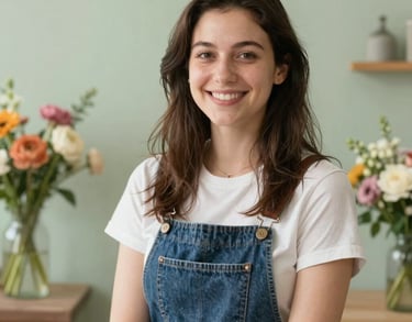 A warm, inspiring portrait of a young professional floral consultant smiling in a bright studio with soft sage green walls, North American setting.
