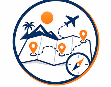 Travel planning icon with a map, airplane, compass, and mountain for vacation trip navigation.