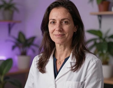 A warm portrait of a trauma-informed movement specialist in a serene North American indoor space with plants and soft, purple-hued lighting.