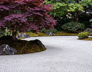 A wide-angle landscape shot of a zen meditation garden in North America, featuring a blooming purple Japanese maple and perfectly raked white gravel.