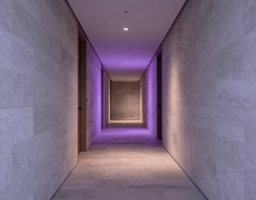 A professional photograph of a luxury retreat corridor with pale gray stone walls and soft violet ambient lighting along the floor. The setting is modern and serene, located in the North American region.
