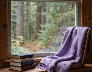 A cozy, elevated reading nook in a North American retreat center with a large window overlooking a forest, a lavender throw blanket on a chair, and a stack of spiritual books.