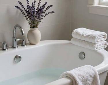 A detailed lifestyle shot of a tranquil bathroom in a spiritual center, featuring a deep white soaking tub, soft lavender sprigs in a vase, and clean off-white towels. North American / US style.
