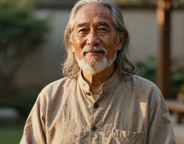 A warm, authentic portrait of a spiritual mentor in a minimalist North American garden setting. The lighting is golden and soft, highlighting a peaceful and wise expression.