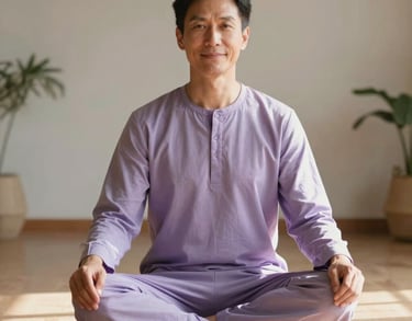 A serene portrait of a meditation teacher sitting cross-legged in a sun-drenched North American studio. They are wearing pale purple attire, looking directly at the camera with a calm smile.