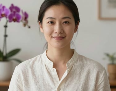 A professional portrait of a wellness practitioner in a light-filled North American studio. They wear a simple off-white linen shirt and have a gentle, welcoming expression. The background is softly blurred with a hint of purple orchid.