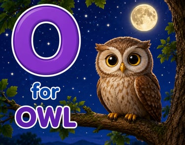 Educational alphabet card featuring a cute owl on a tree branch at night with a full moon for the letter O.