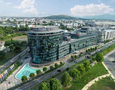 Aerial view of Capital Plaza office buildings in Podgorica, Montenegro