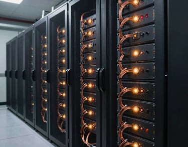 Wide angle of a clean, professional mining server rack facility, tidy copper wiring, glowing amber status lights, low-key high-contrast lighting