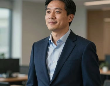 A professional portrait of a male programs director in a North American corporate setting, looking hopeful and empowered, deep navy blue blazer.