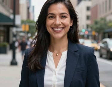 A professional portrait of a community outreach coordinator in a North American urban setting, smiling with a sense of hopeful empowerment.