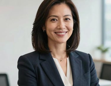 A professional portrait of a female non-profit executive in a bright North American office, conveying expertise and warmth, soft pearl white background.
